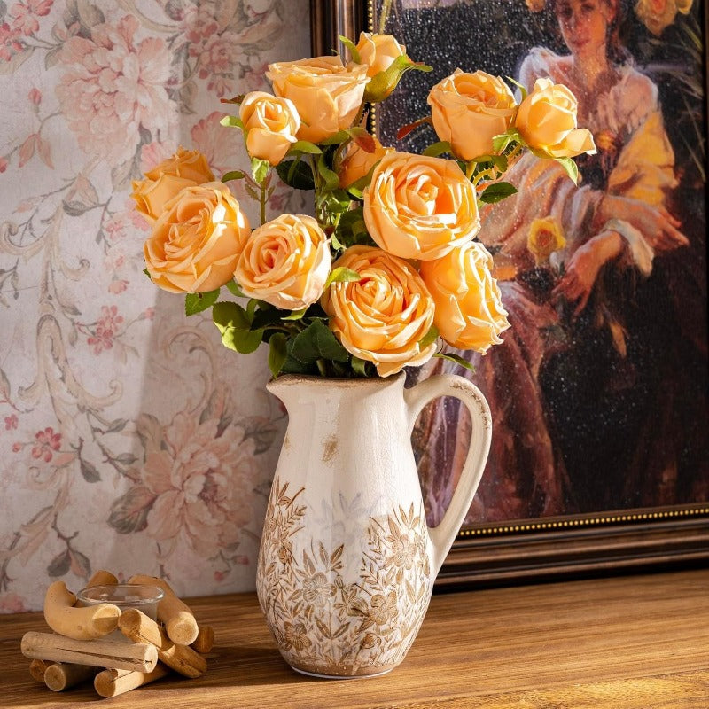 Vintage French Country Ceramic Vase - Large 8.7-Inch Rustic Pitcher Vase with Handle, Purple & Floral Centerpiece for Farmhouse, Tuscan Decor, Bouquets - Durable Ceramic Pitcher for home Arrangements