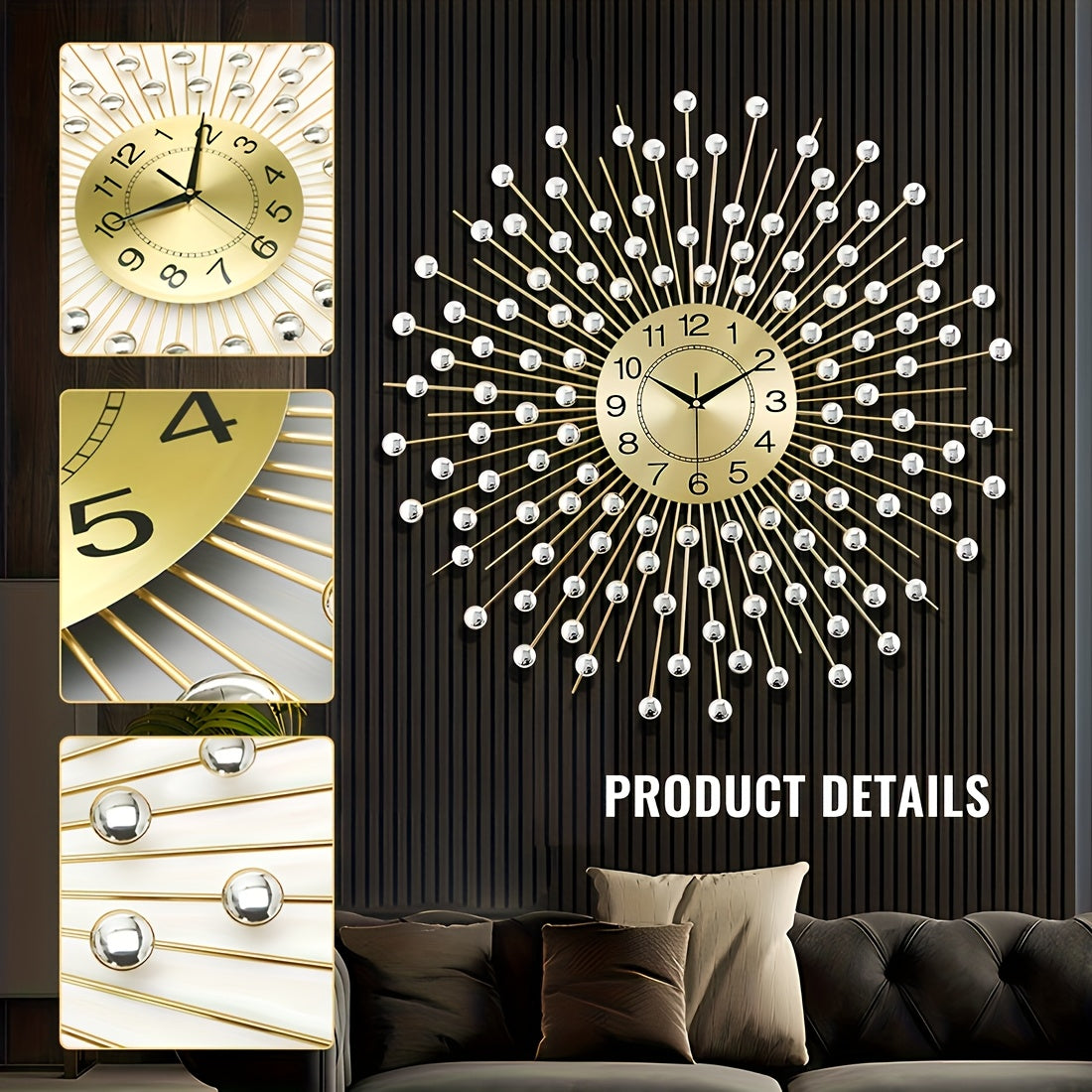 Crystal Large Modern Metal Decor Clock\u002F28 Inch Large Wall Clocks Home Decor\u002FBig Silent Wall Clock\u002FNon-Ticking Golden Round Crystal Metal Wall Watch for Living Room Office Indoor