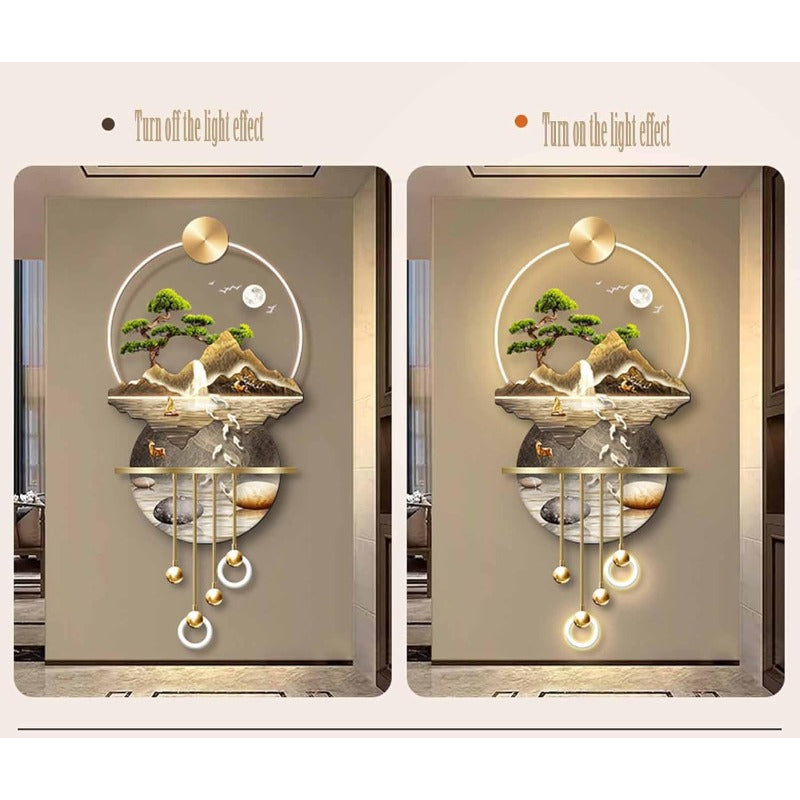 LED Light Decor Wall Art | 3D Art Wall Sculpture with Metal Ball Pendants, Large Hanging Sculpture Painting, Plug-in Remote Control, Lighted Wall Decor for Living Room, Bedroom, Hallway, Golden, Vintage Style