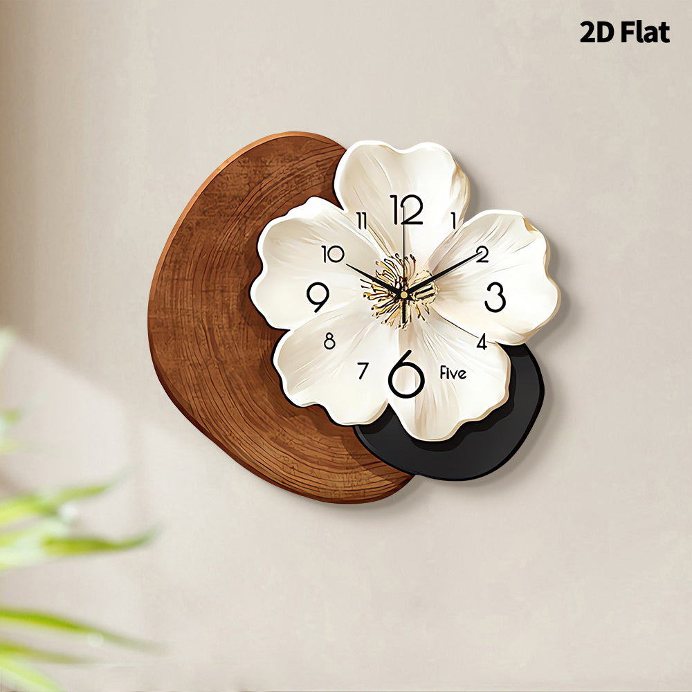 A Contemporary Floral Wall Clock Featuring a Large White Face And Black Hands - Operates Silently with Quartz Movement, Has a Unique Flower-Shaped Design, And Comes in a Beige And Brown Faux Wood Frame, Perfect for Decorating Your Living Room