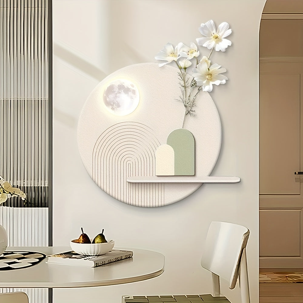 3D Entrance Sandstone Decorative Painting, 19.7x19.7 Inche Large Luxurious Wall Art, Nordic Minimalist Home Decor with Storage Rack, Creative Modern Round Wall Sculptures, with Artificial Plants for Living Room, Badroom