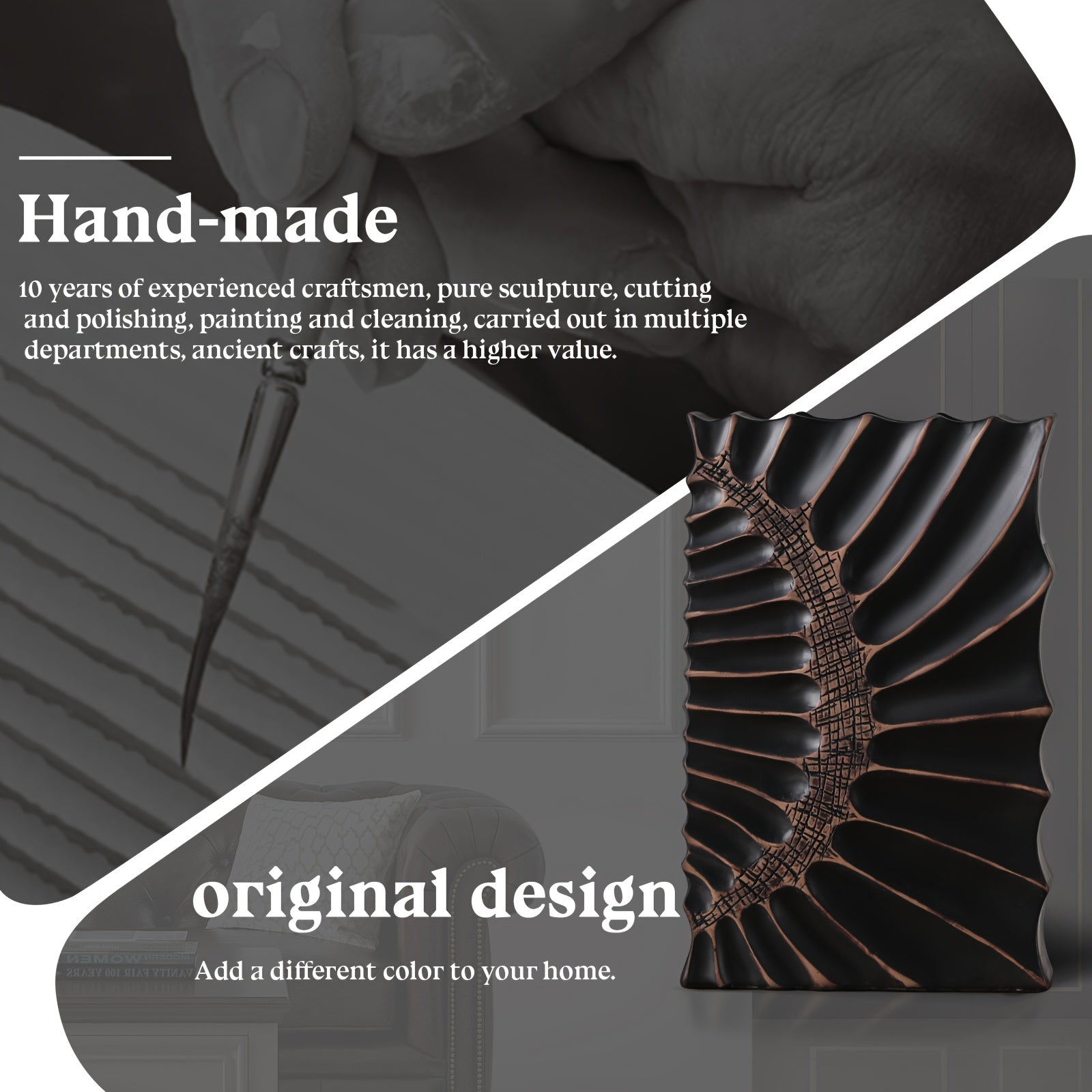 Elegant 12-Inch Black Resin Vase with Geometric Design - Modern Home Decor Tall Vase for Stylish Centerpieces in Kitchen, Bedroom, Office, Living Room, Bathroom & More, Vases Home Decor