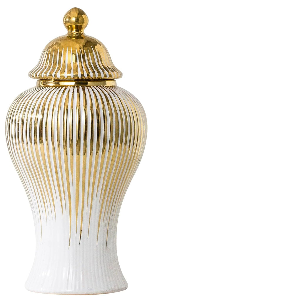 Ginger Jar, White Golden Ceramic Vase Large Handmade Porcelain Vases with Lid, White Golden Decorative Flower Vase Home, Living Room, Weddings, Centerpieces B - Large