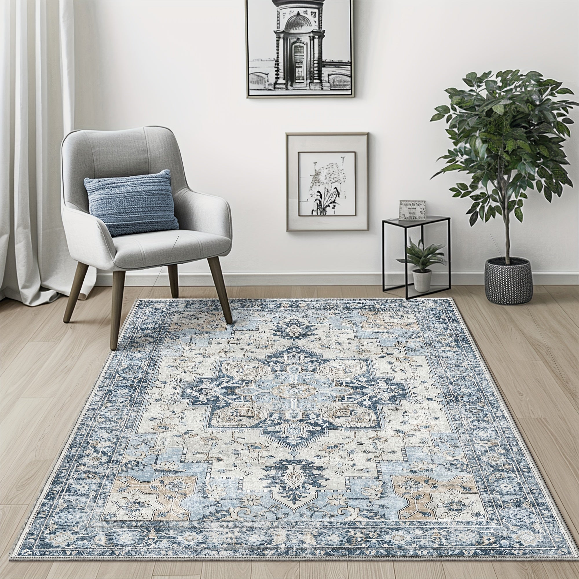 Area Rugs for Living Room, Machine Washable Rug, Non-Slip Vintage Retro Rugs, Low Pile Lightweight Chenille Print Rug for Bedroom, Dining Room, Home Office, Bathroom Carpet, Blue