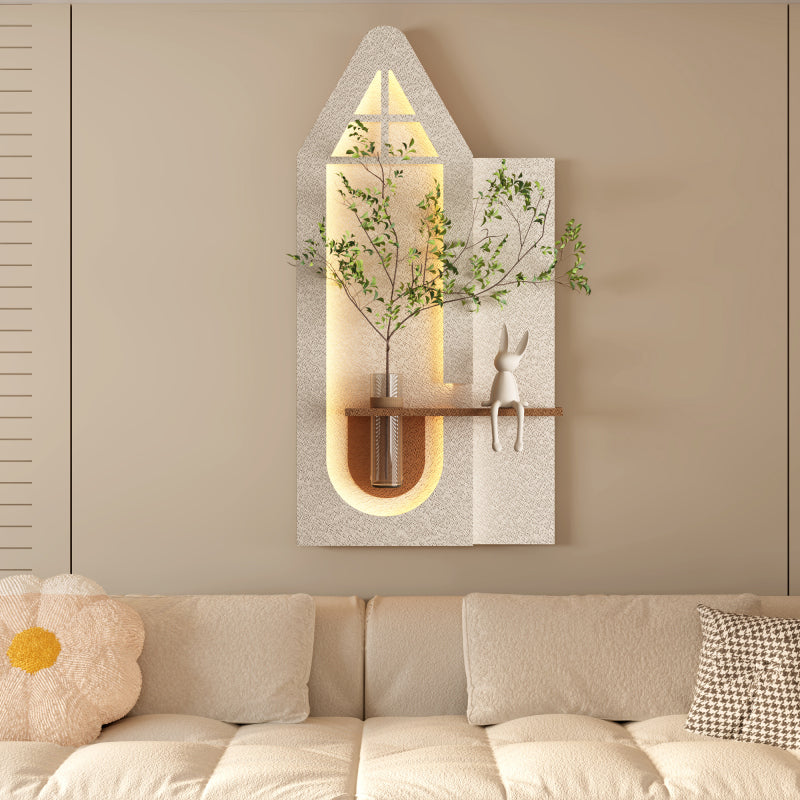 Adjustable 3Color LED Sandstone Wall Decor with Simulated Green Plants 3D Art Sculpture Glass Vase and Rabbit Statue Remote Control Light Strips for Living Room Bedroom Hallway