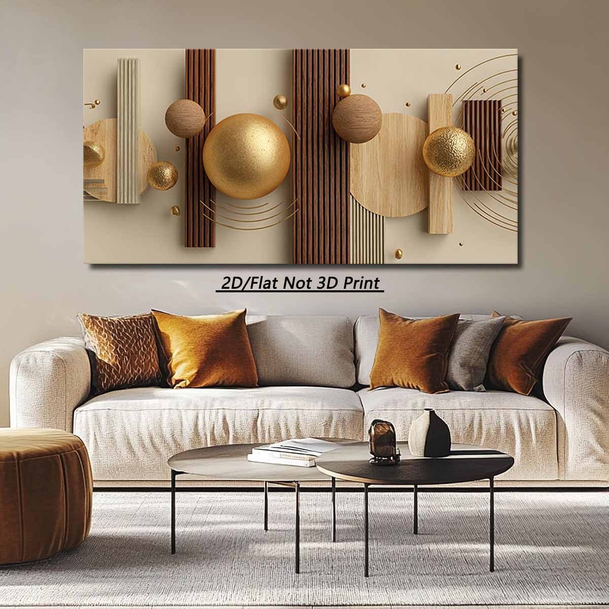 2D Flat, 2D Flat, 2D Flat 1pc Modern Large Wooden Frame Canvas Wall Painting | Geometric Shape, Golden and Wood Color Matching, High Quality Wall Art Printed Poster, Suitable for Living Room, Bedroom, Office Decor