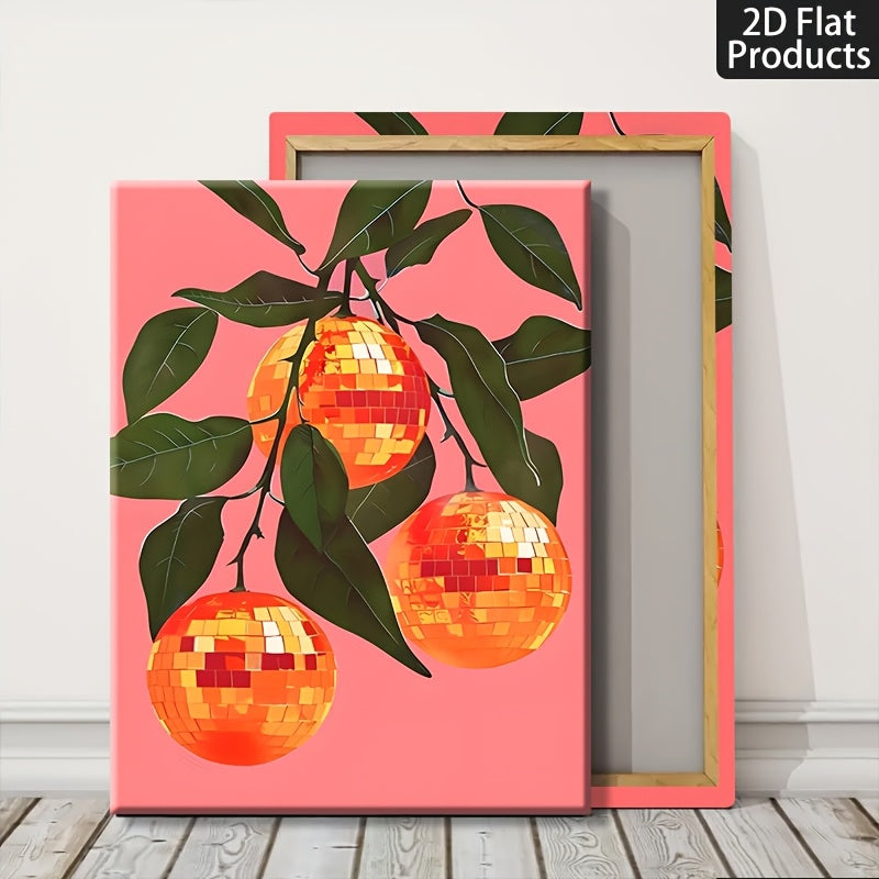 1pc Wrapped Solid Wood Frame, Exquisite Poster. Retro Funky Pink Disco Ball Orange Suitable For Room Decoration, Home Decoration, Holiday Decoration, Living Room Decoration, Entrance Decoration