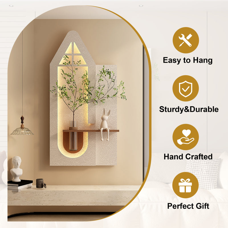 Adjustable 3Color LED Sandstone Wall Decor with Simulated Green Plants 3D Art Sculpture Glass Vase and Rabbit Statue Remote Control Light Strips for Living Room Bedroom Hallway