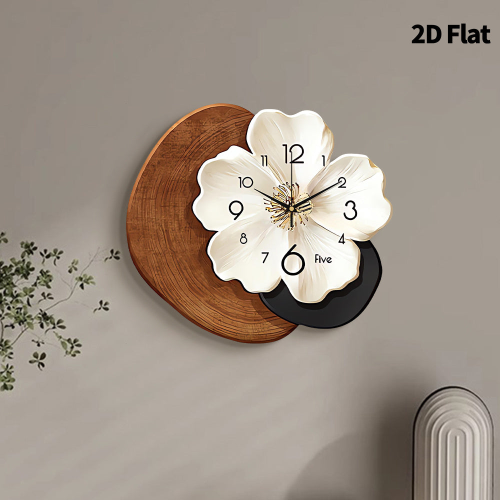 A Contemporary Floral Wall Clock Featuring a Large White Face And Black Hands - Operates Silently with Quartz Movement, Has a Unique Flower-Shaped Design, And Comes in a Beige And Brown Faux Wood Frame, Perfect for Decorating Your Living Room