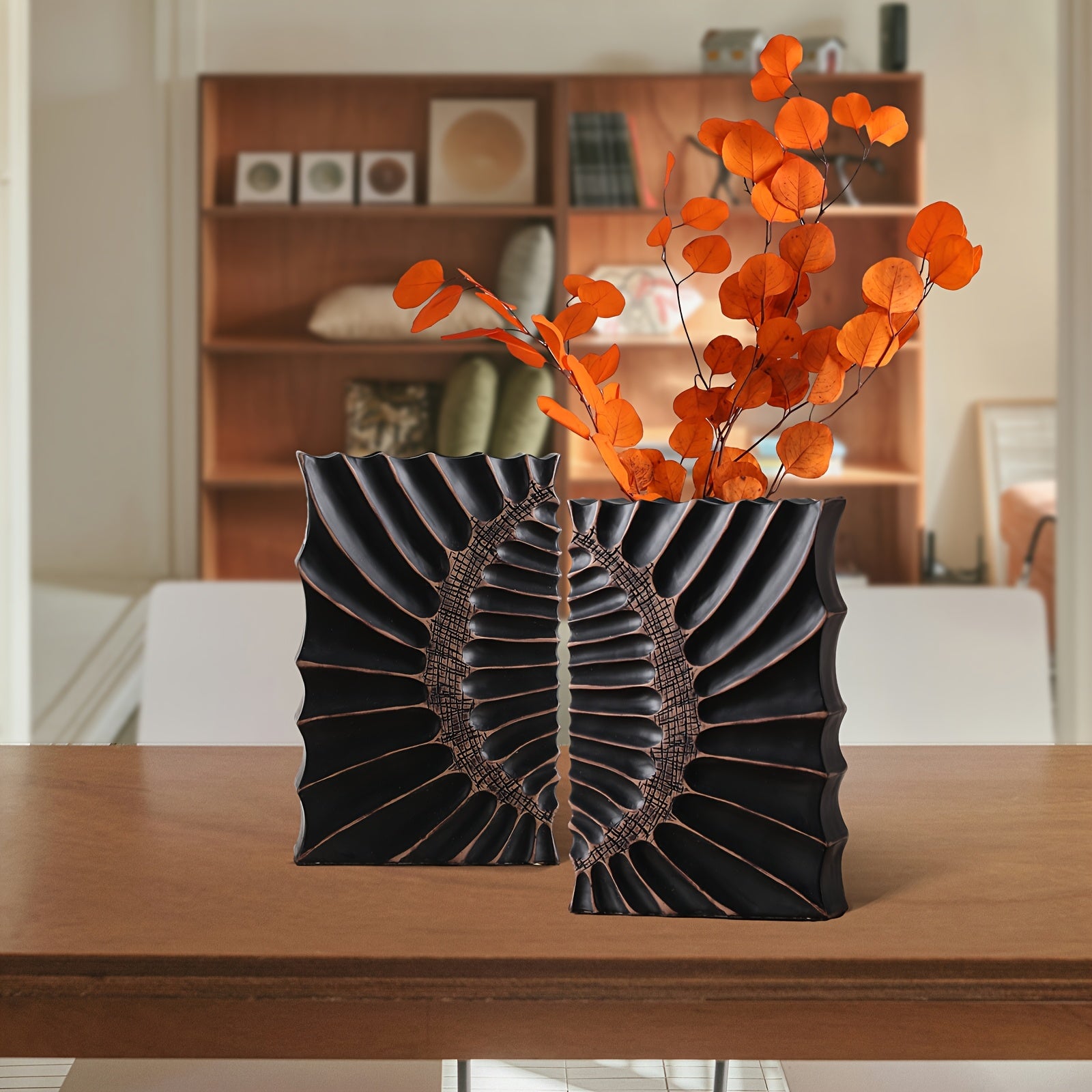 Elegant 12-Inch Black Resin Vase with Geometric Design - Modern Home Decor Tall Vase for Stylish Centerpieces in Kitchen, Bedroom, Office, Living Room, Bathroom & More, Vases Home Decor