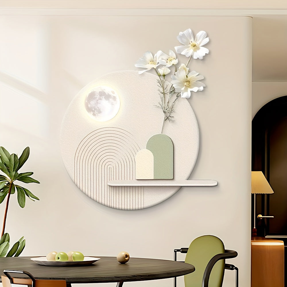 3D Entrance Sandstone Decorative Painting, 19.7x19.7 Inche Large Luxurious Wall Art, Nordic Minimalist Home Decor with Storage Rack, Creative Modern Round Wall Sculptures, with Artificial Plants for Living Room, Badroom