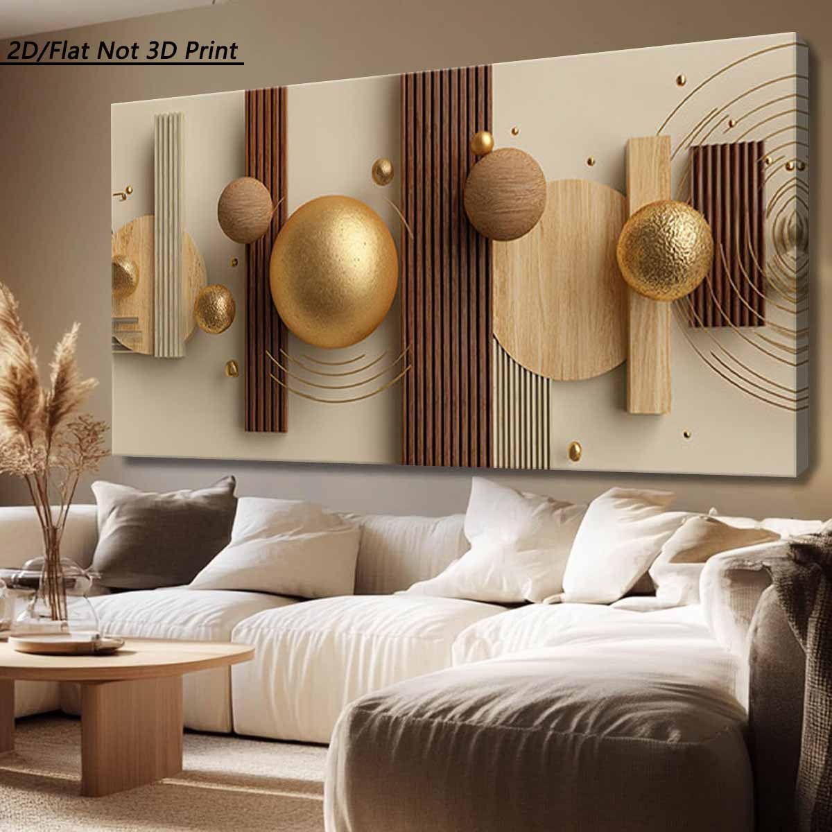2D Flat, 2D Flat, 2D Flat 1pc Modern Large Wooden Frame Canvas Wall Painting | Geometric Shape, Golden and Wood Color Matching, High Quality Wall Art Printed Poster, Suitable for Living Room, Bedroom, Office Decor