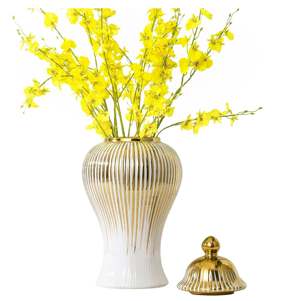 Ginger Jar, White Golden Ceramic Vase Large Handmade Porcelain Vases with Lid, White Golden Decorative Flower Vase Home, Living Room, Weddings, Centerpieces B - Large