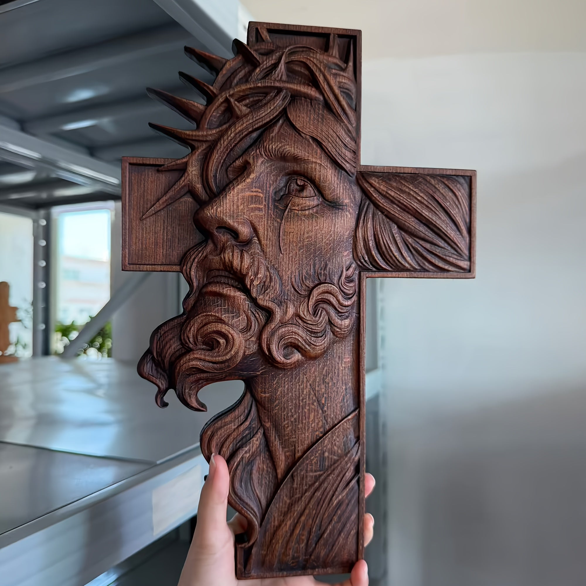 1 Thorn Head Cross Wall Hanging With Crown Of Thorns - High-quality Beech Wood Hand-carved Christian Wall Decor, Suitable For Home\u002Fchurch\u002Fprayer Room Decoration, Ideal For New Year, Ramadan, Easter Decorations, Perfect Gift For Men.