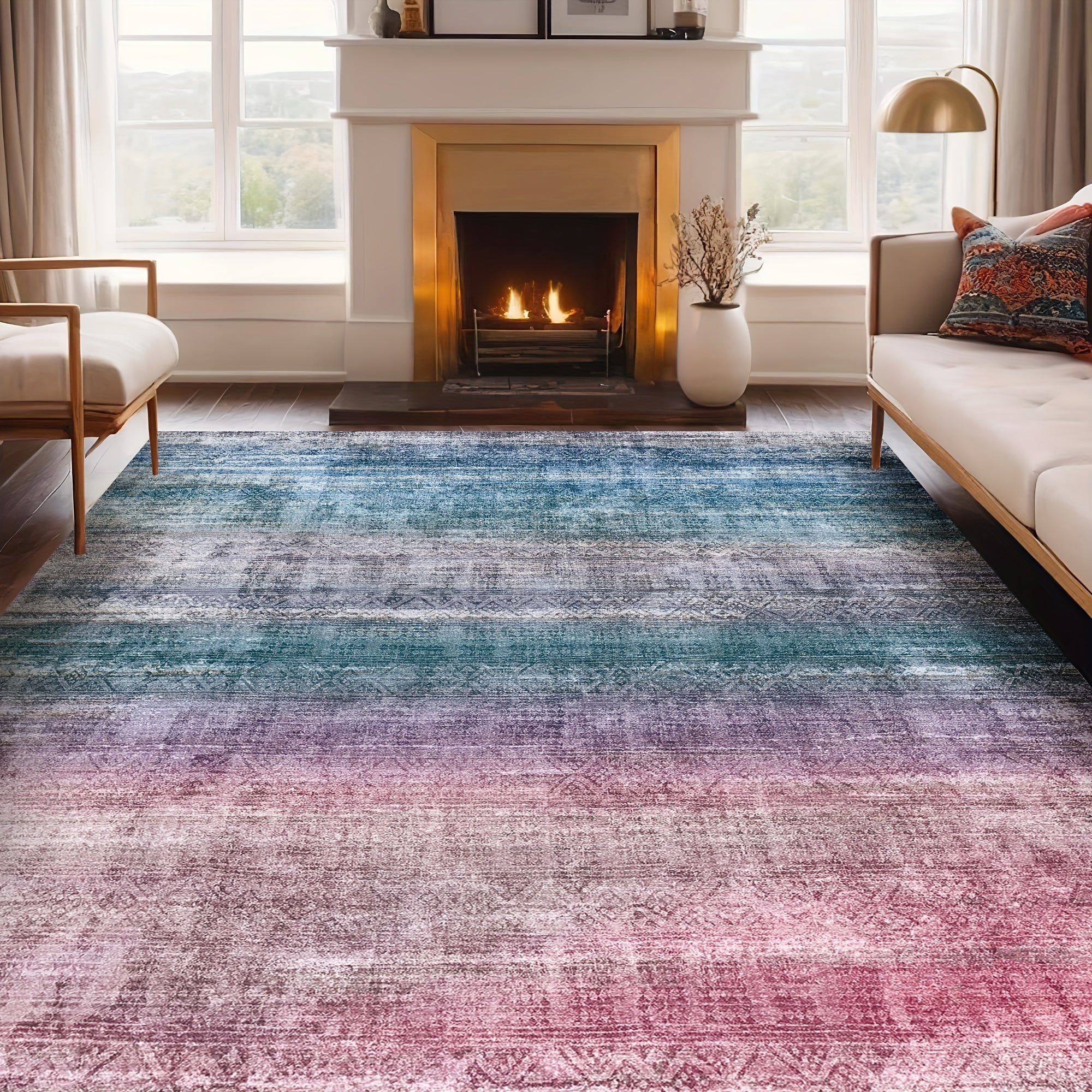 1pc Washable Area Rug Gradient Teal Blue Soft & Non-Slip, Vintage Moroccan Style, Modern Abstract Easy Cleaning - Perfect For Living Room, Bedroom, Dining Room