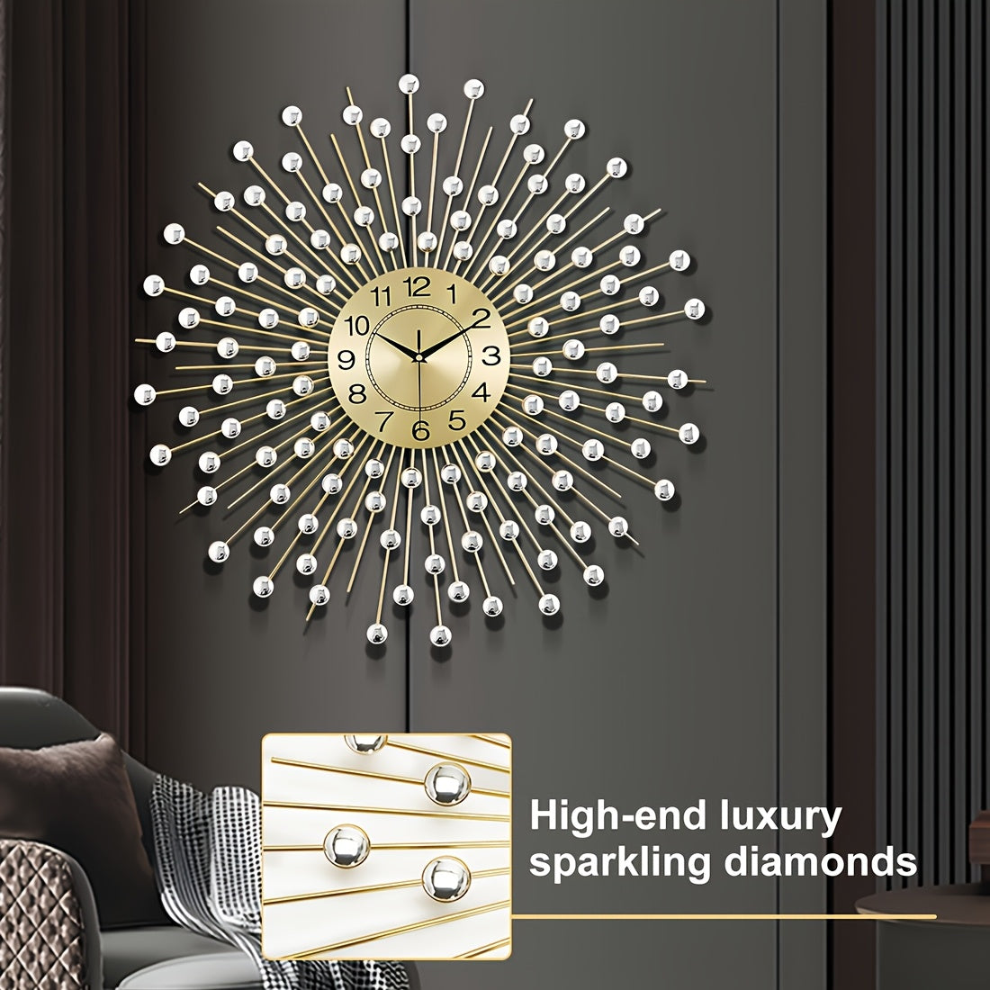 Crystal Large Modern Metal Decor Clock\u002F28 Inch Large Wall Clocks Home Decor\u002FBig Silent Wall Clock\u002FNon-Ticking Golden Round Crystal Metal Wall Watch for Living Room Office Indoor