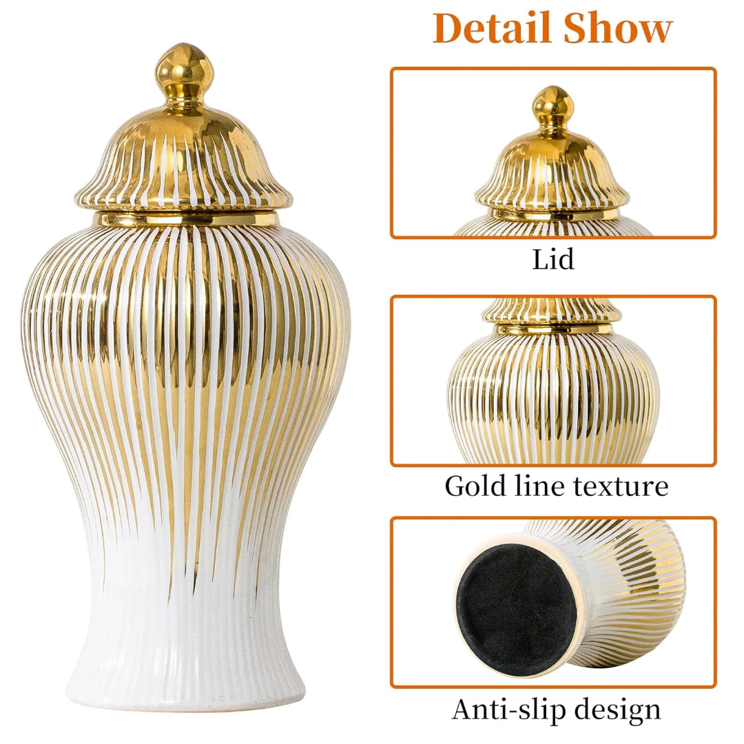 Ginger Jar, White Golden Ceramic Vase Large Handmade Porcelain Vases with Lid, White Golden Decorative Flower Vase Home, Living Room, Weddings, Centerpieces B - Large