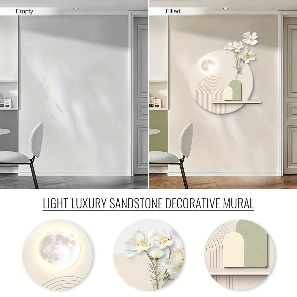 3D Entrance Sandstone Decorative Painting, 19.7x19.7 Inche Large Luxurious Wall Art, Nordic Minimalist Home Decor with Storage Rack, Creative Modern Round Wall Sculptures, with Artificial Plants for Living Room, Badroom