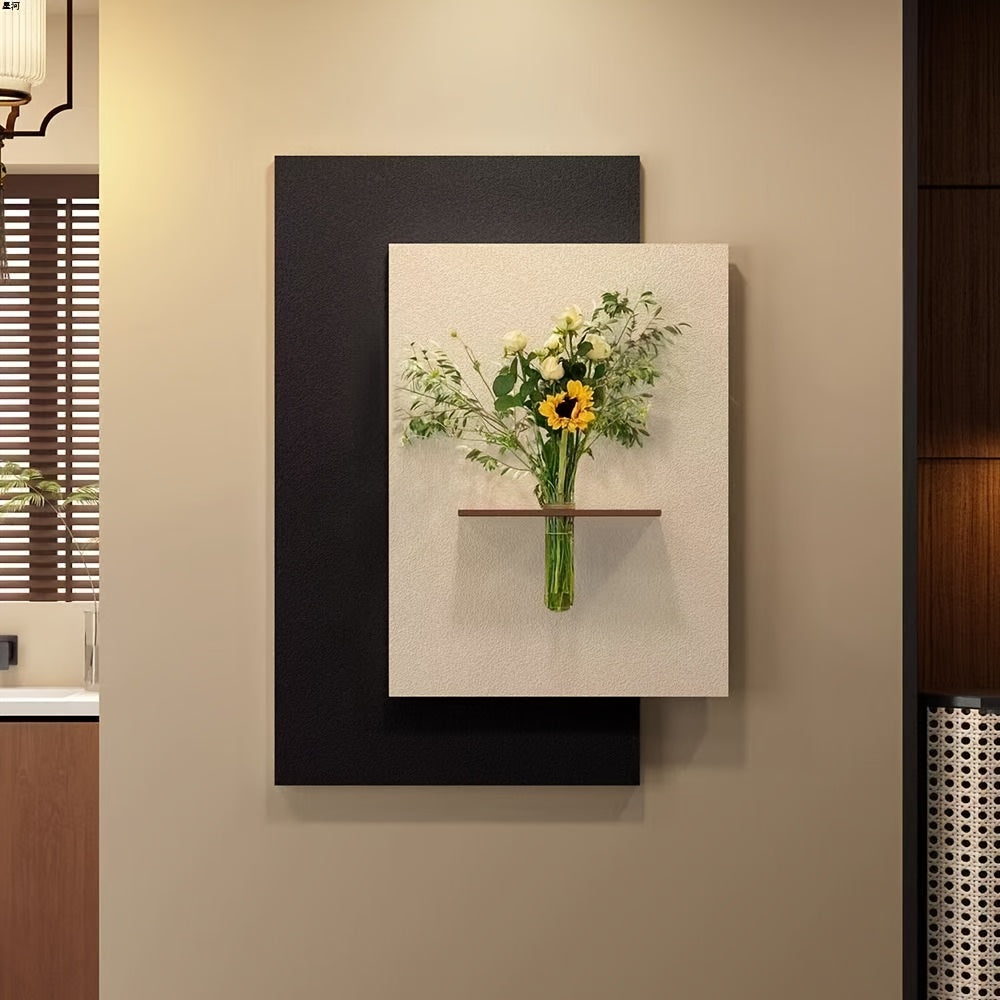 Textured Sandstone Floral Wall Art | Elegant Handcrafted Home Decor, Christmas Gift, Wall Decor, Artwork, Hydroponic Vase, Mural Decor - Practical Hooks for Living Rooms or Bedrooms, Self-Adhesive, Boho Style, Rectangle Shape Does Not Include Green