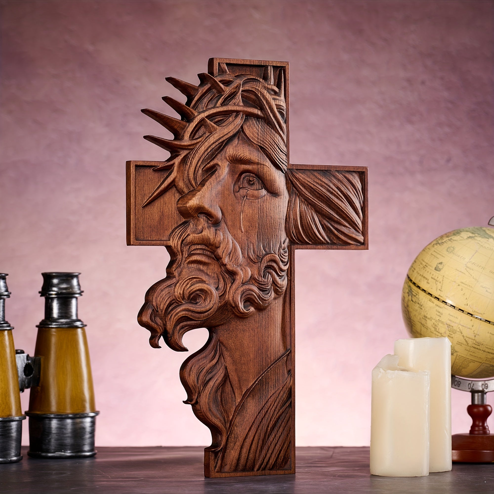 1 Thorn Head Cross Wall Hanging With Crown Of Thorns - High-quality Beech Wood Hand-carved Christian Wall Decor, Suitable For Home\u002Fchurch\u002Fprayer Room Decoration, Ideal For New Year, Ramadan, Easter Decorations, Perfect Gift For Men.