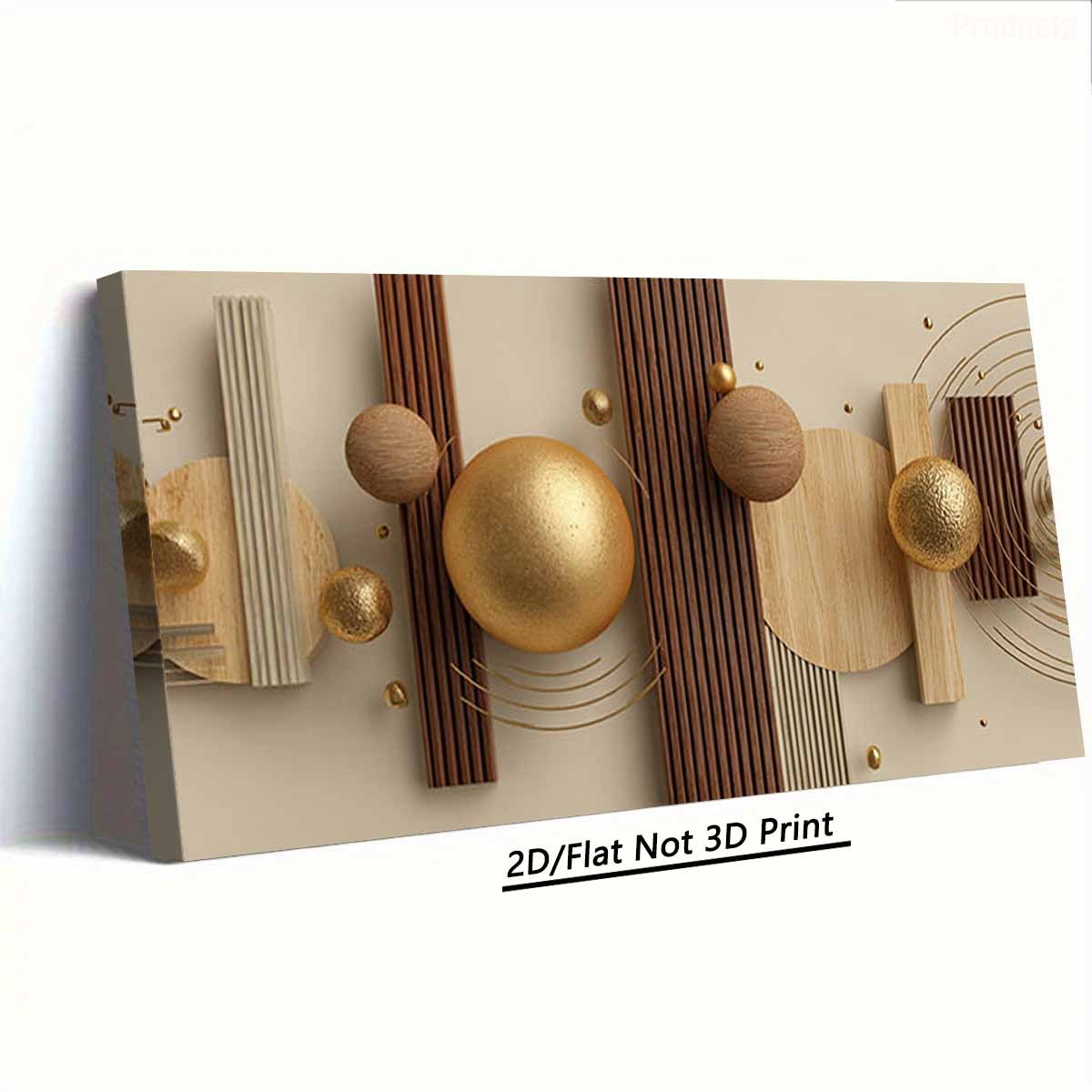 2D Flat, 2D Flat, 2D Flat 1pc Modern Large Wooden Frame Canvas Wall Painting | Geometric Shape, Golden and Wood Color Matching, High Quality Wall Art Printed Poster, Suitable for Living Room, Bedroom, Office Decor