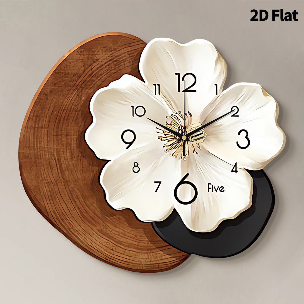 A Contemporary Floral Wall Clock Featuring a Large White Face And Black Hands - Operates Silently with Quartz Movement, Has a Unique Flower-Shaped Design, And Comes in a Beige And Brown Faux Wood Frame, Perfect for Decorating Your Living Room