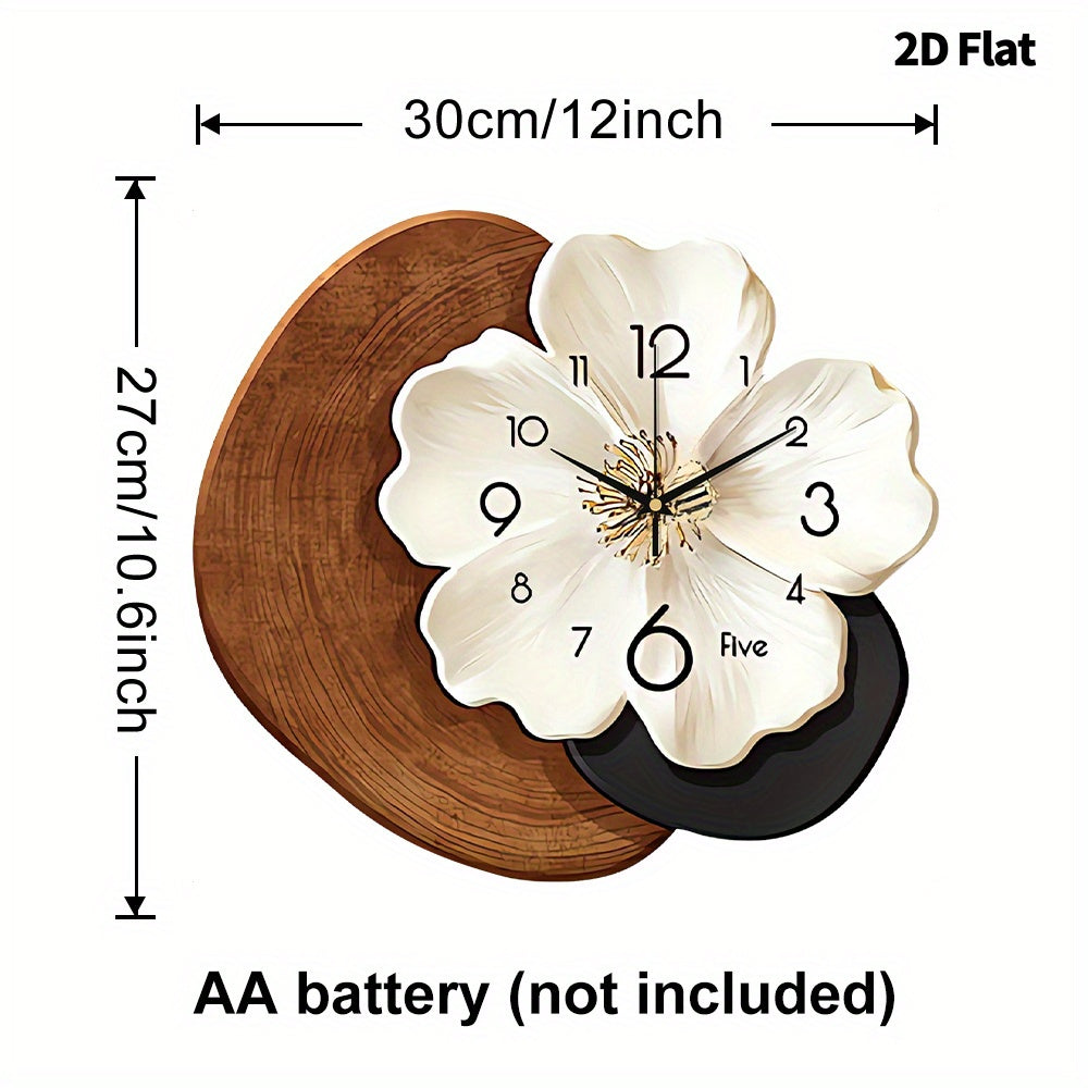 A Contemporary Floral Wall Clock Featuring a Large White Face And Black Hands - Operates Silently with Quartz Movement, Has a Unique Flower-Shaped Design, And Comes in a Beige And Brown Faux Wood Frame, Perfect for Decorating Your Living Room
