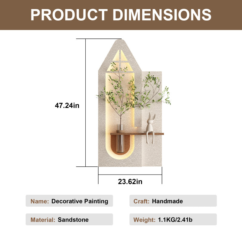 Adjustable 3Color LED Sandstone Wall Decor with Simulated Green Plants 3D Art Sculpture Glass Vase and Rabbit Statue Remote Control Light Strips for Living Room Bedroom Hallway