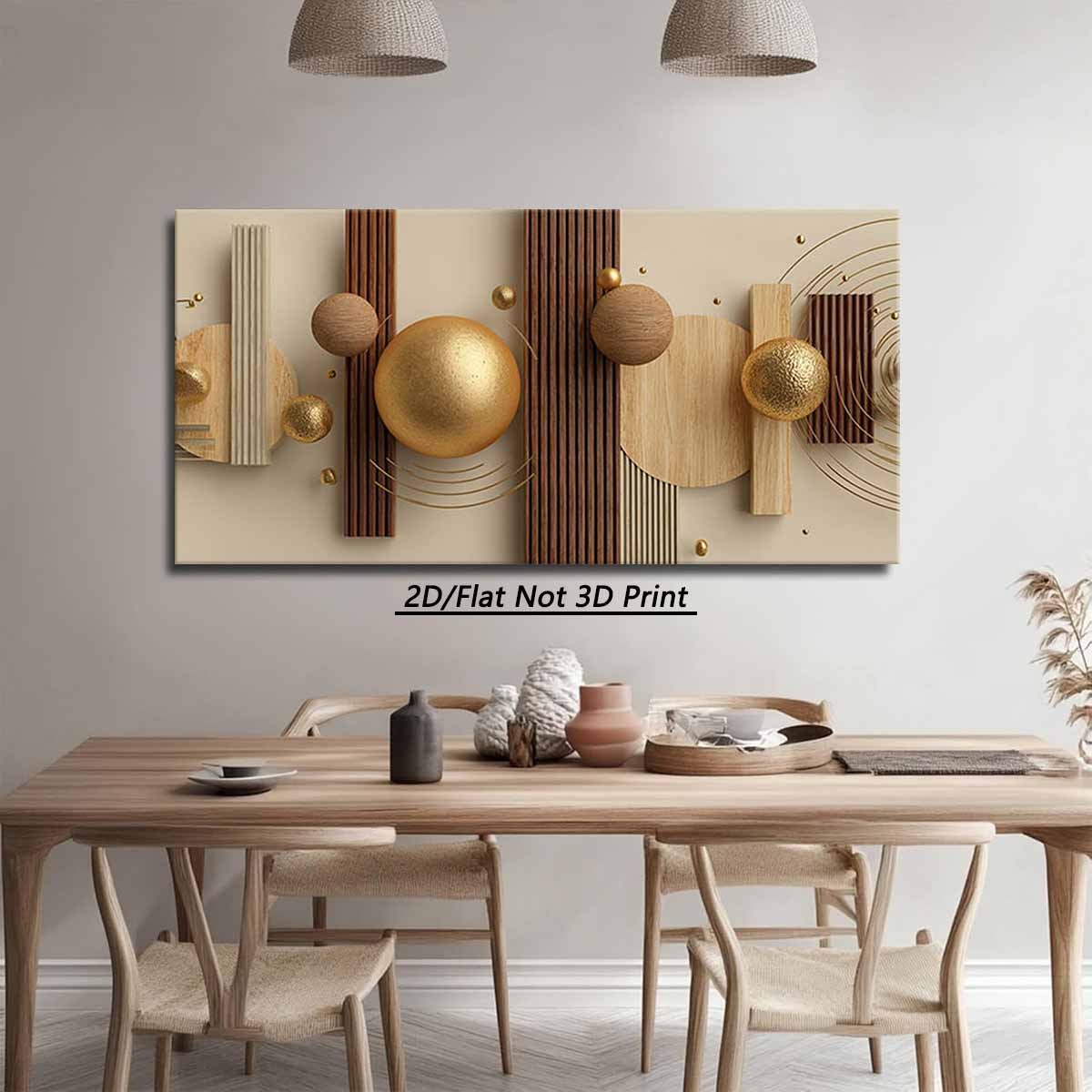 2D Flat, 2D Flat, 2D Flat 1pc Modern Large Wooden Frame Canvas Wall Painting | Geometric Shape, Golden and Wood Color Matching, High Quality Wall Art Printed Poster, Suitable for Living Room, Bedroom, Office Decor