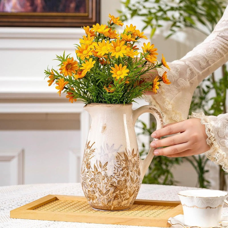 Vintage Purple and Brown Floral Pitcher Vase | French Country Style, Rustic Ceramic Farmhouse Vase for Home Decor, Living Room Bookshelf, Grand Millennial Tuscan Decor, 8.7 in Cylinder Shape