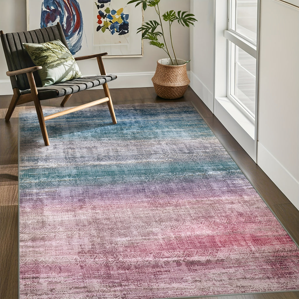 1pc Washable Area Rug Gradient Teal Blue Soft & Non-Slip, Vintage Moroccan Style, Modern Abstract Easy Cleaning - Perfect For Living Room, Bedroom, Dining Room