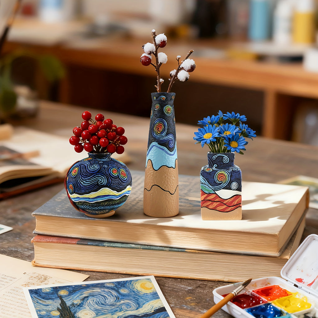 Starry Night Vase Set - 3pcs Blue Gradient Resin For Fresh\u002FDried Flowers Living Room Decor