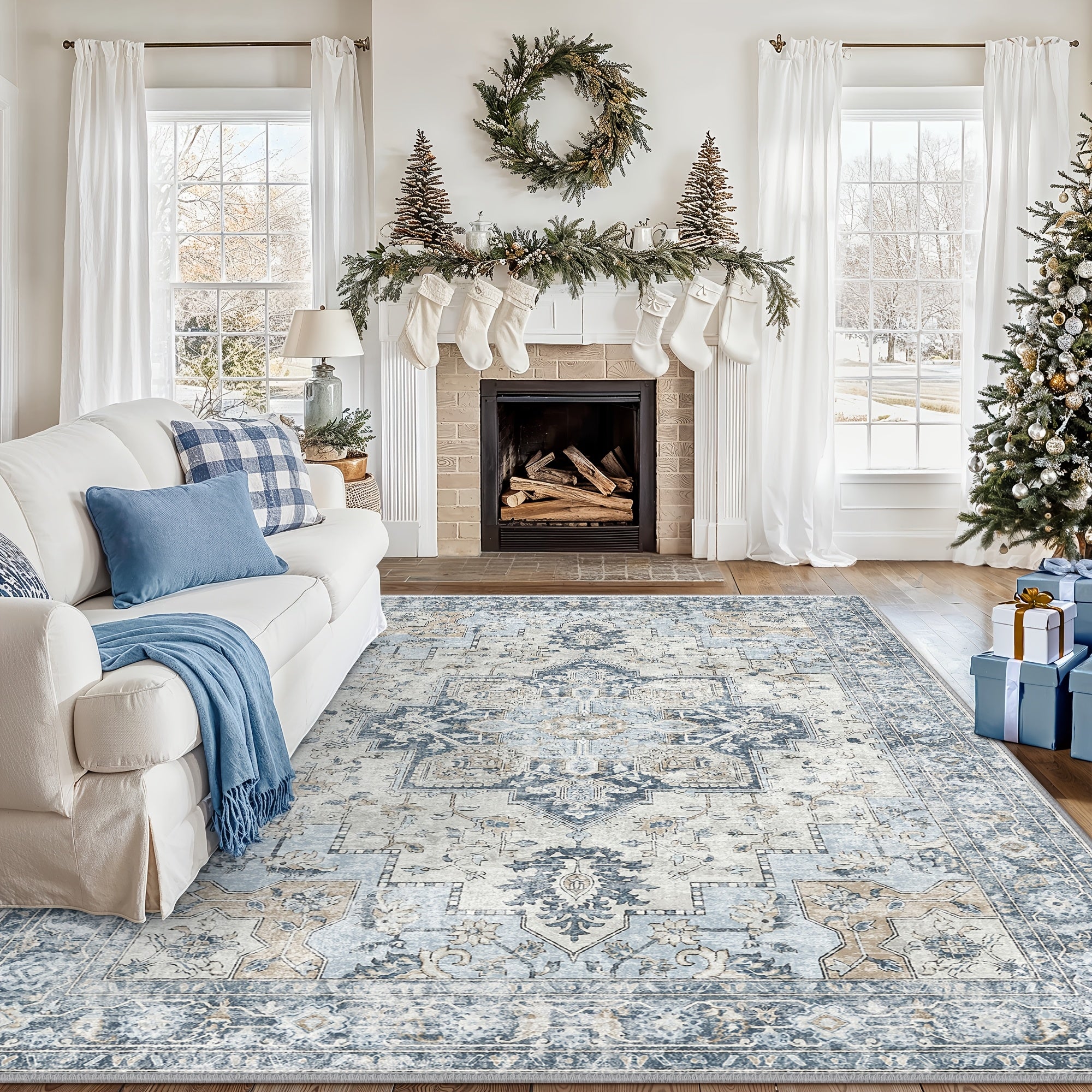 Area Rugs for Living Room, Machine Washable Rug, Non-Slip Vintage Retro Rugs, Low Pile Lightweight Chenille Print Rug for Bedroom, Dining Room, Home Office, Bathroom Carpet, Blue