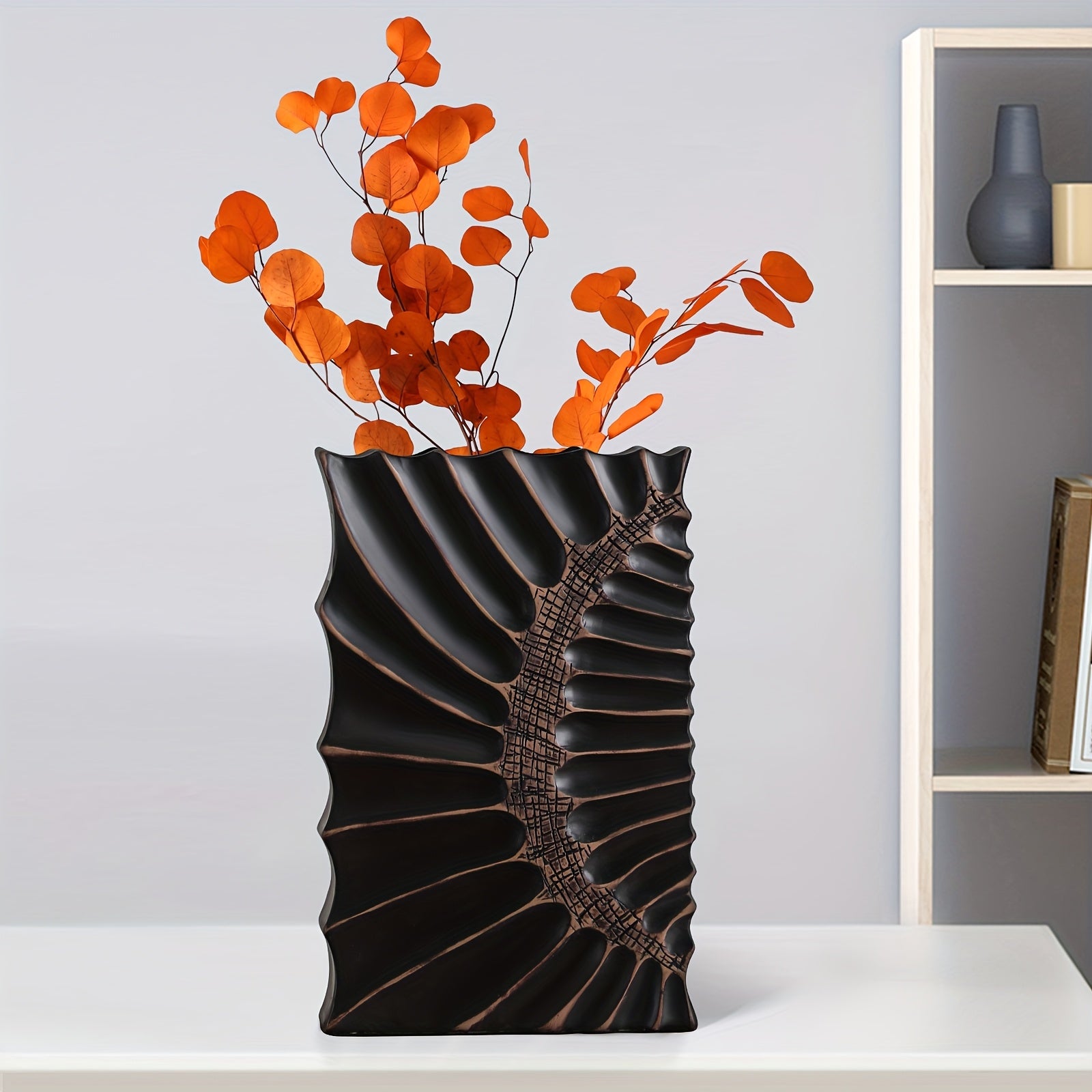 Elegant 12-Inch Black Resin Vase with Geometric Design - Modern Home Decor Tall Vase for Stylish Centerpieces in Kitchen, Bedroom, Office, Living Room, Bathroom & More, Vases Home Decor