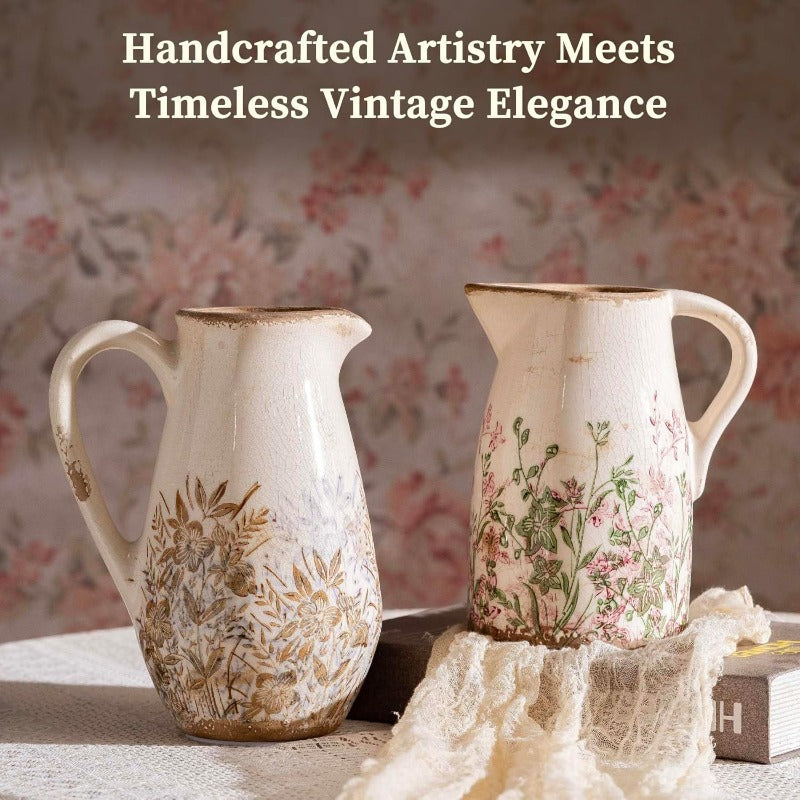 Vintage French Country Ceramic Vase - Large 8.7-Inch Rustic Pitcher Vase with Handle, Purple & Floral Centerpiece for Farmhouse, Tuscan Decor, Bouquets - Durable Ceramic Pitcher for home Arrangements