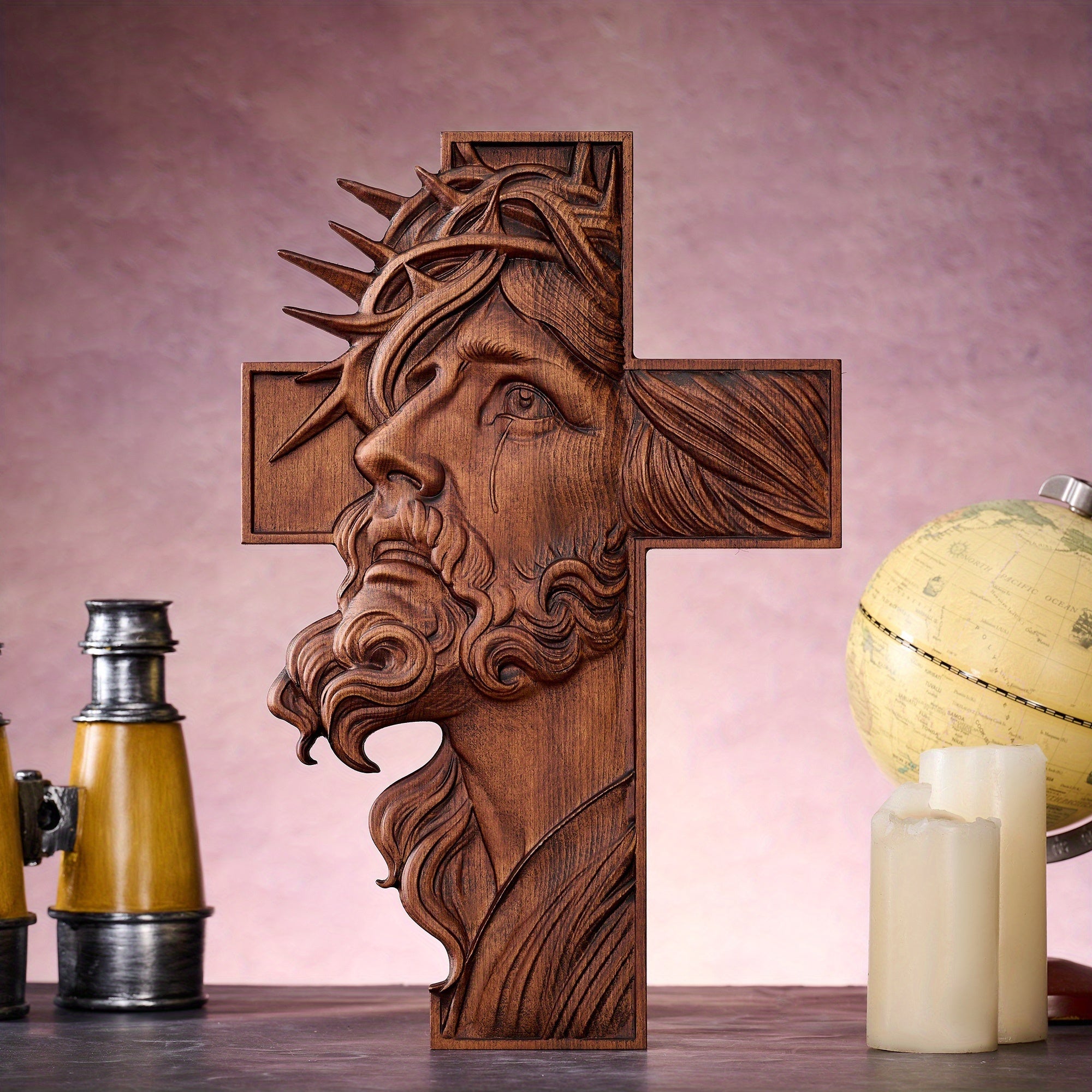 1 Thorn Head Cross Wall Hanging With Crown Of Thorns - High-quality Beech Wood Hand-carved Christian Wall Decor, Suitable For Home\u002Fchurch\u002Fprayer Room Decoration, Ideal For New Year, Ramadan, Easter Decorations, Perfect Gift For Men.