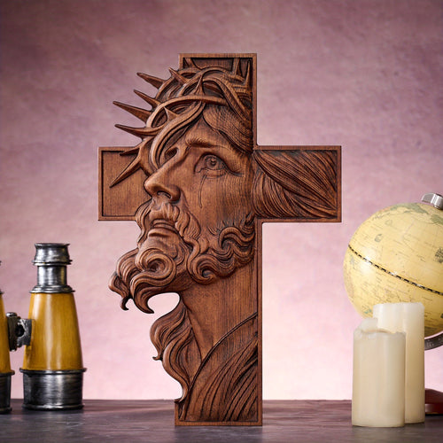 1 Thorn Head Cross Wall Hanging With Crown Of Thorns - High-quality Beech Wood Hand-carved Christian Wall Decor, Suitable For Home\u002Fchurch\u002Fprayer Room Decoration, Ideal For New Year, Ramadan, Easter Decorations, Perfect Gift For Men.