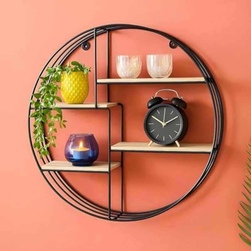 Better Home Circular 4 Compartment Hanging Wall Shelf\u002FWall Shelves\u002FWall Mounted Shelf\u002FHome Decoration for Bedroom\u002FInterior Decoration Items\u002FMetal Decorative Rack\u002FPinewood\u002F50x9.5x50 cmBlack