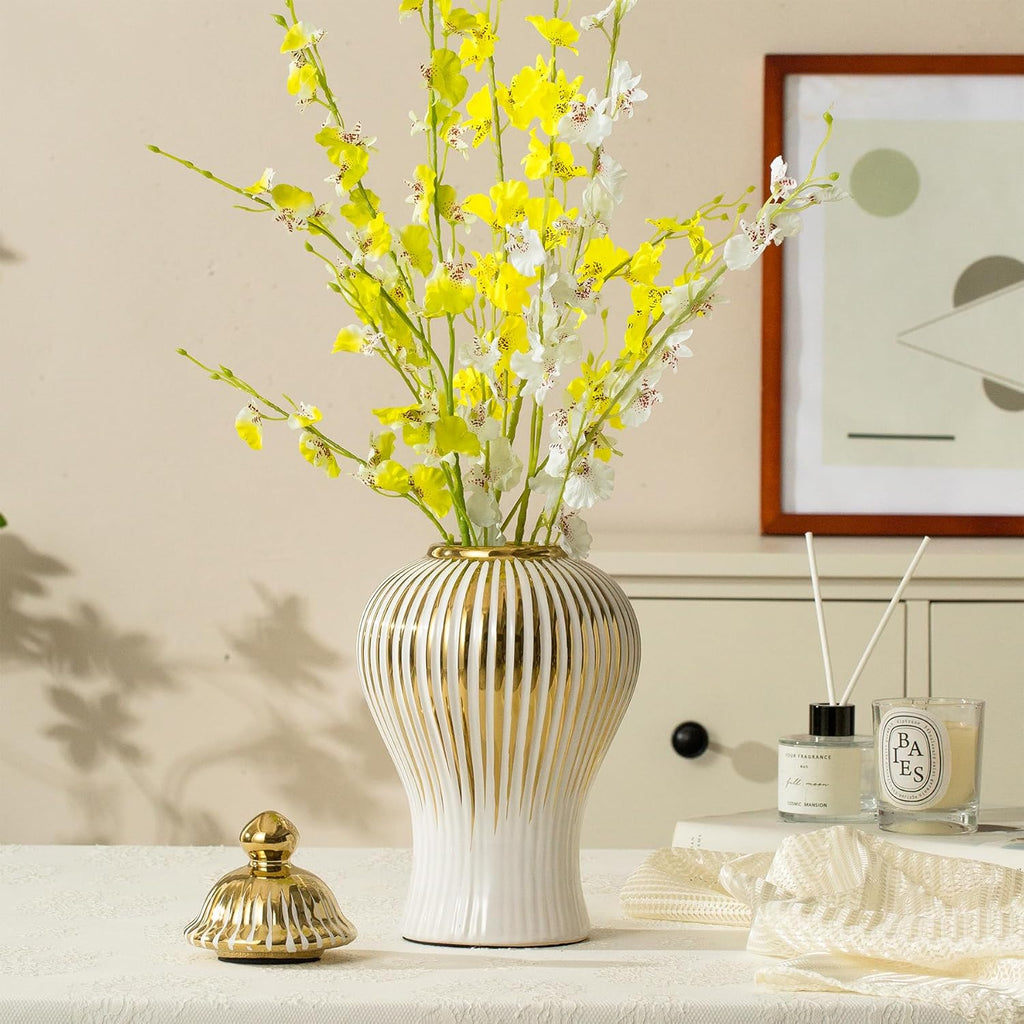 Ginger Jar, White Golden Ceramic Vase Large Handmade Porcelain Vases with Lid, White Golden Decorative Flower Vase Home, Living Room, Weddings, Centerpieces B - Large