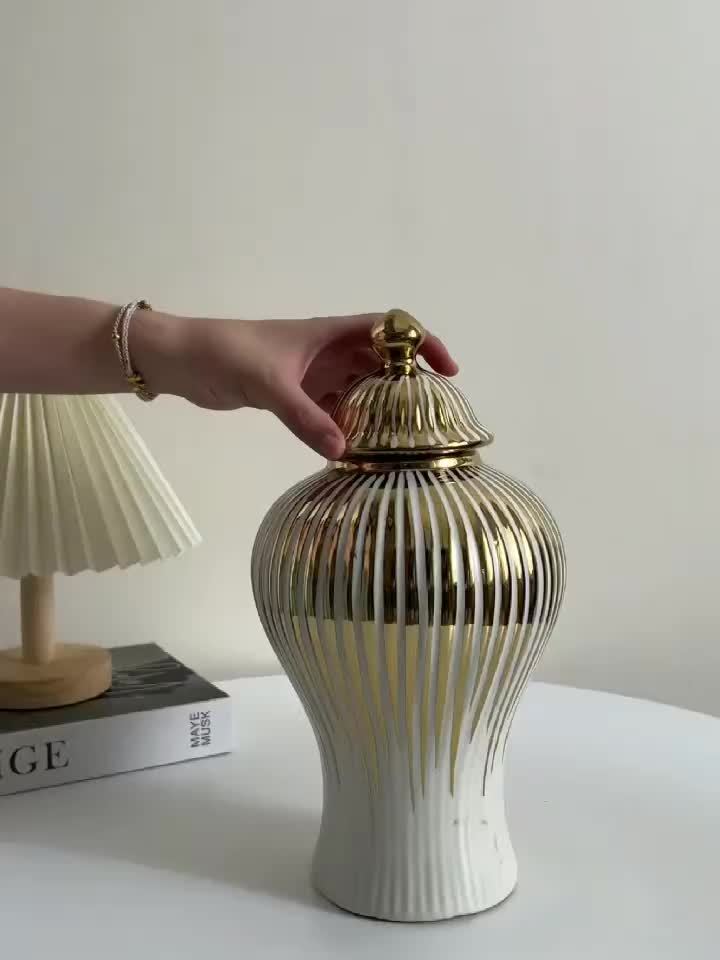 Ginger Jar, White Golden Ceramic Vase Large Handmade Porcelain Vases with Lid, White Golden Decorative Flower Vase Home, Living Room, Weddings, Centerpieces B - Large