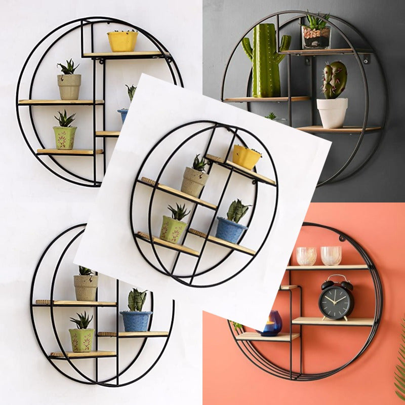 Better Home Circular 4 Compartment Hanging Wall Shelf\u002FWall Shelves\u002FWall Mounted Shelf\u002FHome Decoration for Bedroom\u002FInterior Decoration Items\u002FMetal Decorative Rack\u002FPinewood\u002F50x9.5x50 cmBlack