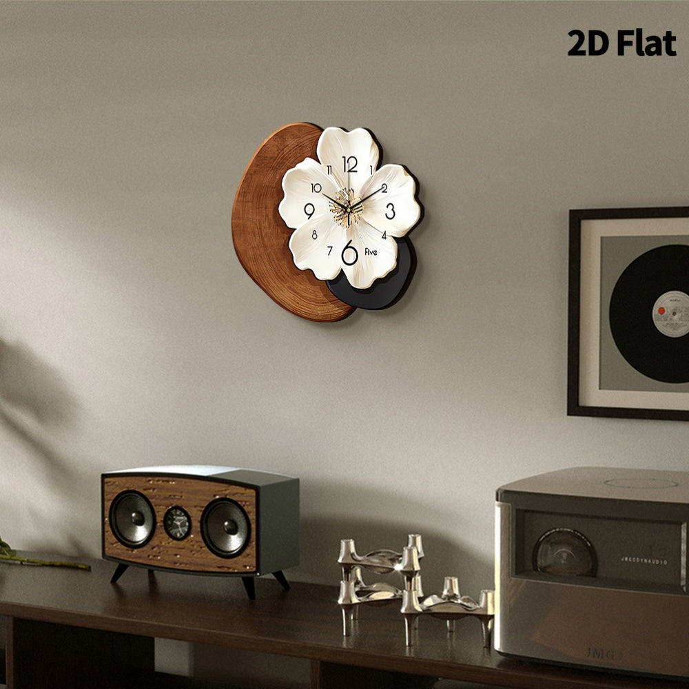 A Contemporary Floral Wall Clock Featuring a Large White Face And Black Hands - Operates Silently with Quartz Movement, Has a Unique Flower-Shaped Design, And Comes in a Beige And Brown Faux Wood Frame, Perfect for Decorating Your Living Room