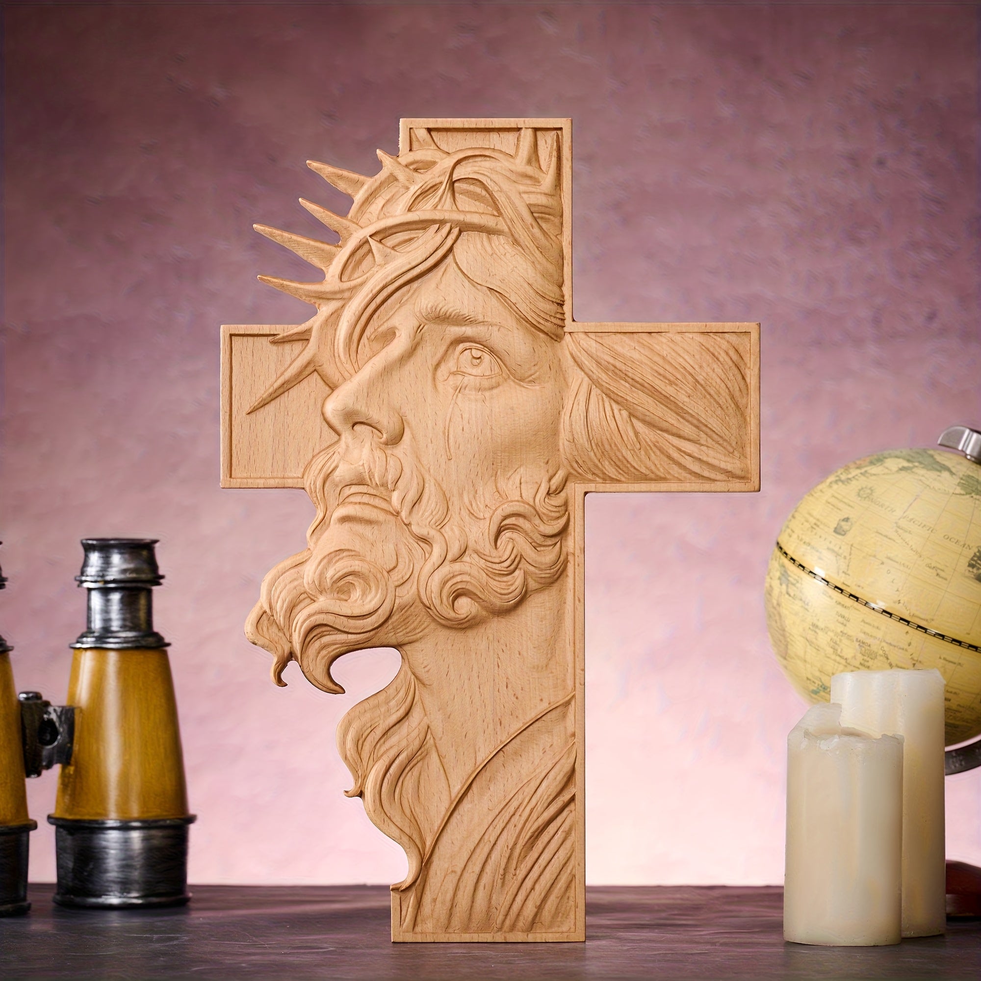 1 Thorn Head Cross Wall Hanging With Crown Of Thorns - High-quality Beech Wood Hand-carved Christian Wall Decor, Suitable For Home\u002Fchurch\u002Fprayer Room Decoration, Ideal For New Year, Ramadan, Easter Decorations, Perfect Gift For Men.