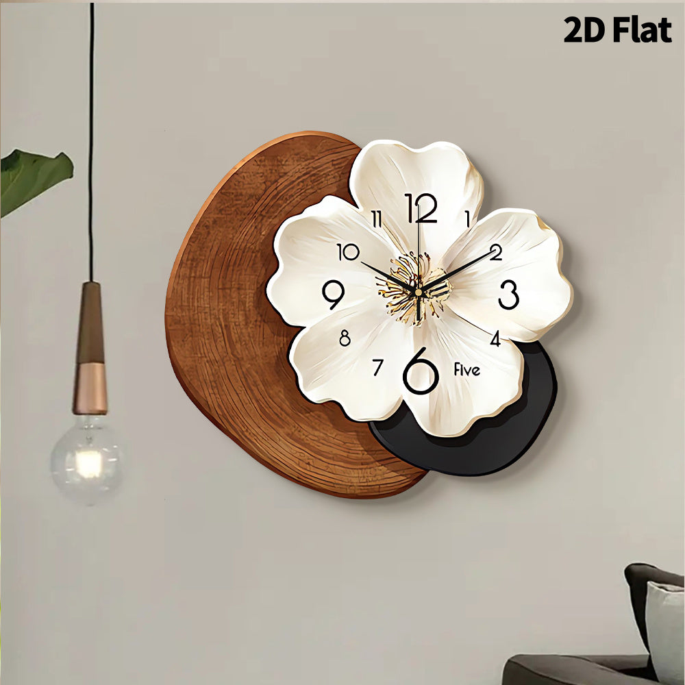 A Contemporary Floral Wall Clock Featuring a Large White Face And Black Hands - Operates Silently with Quartz Movement, Has a Unique Flower-Shaped Design, And Comes in a Beige And Brown Faux Wood Frame, Perfect for Decorating Your Living Room