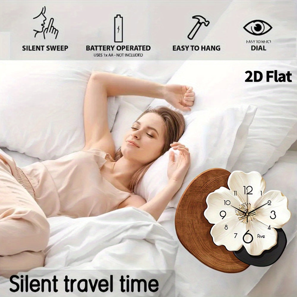 A Contemporary Floral Wall Clock Featuring a Large White Face And Black Hands - Operates Silently with Quartz Movement, Has a Unique Flower-Shaped Design, And Comes in a Beige And Brown Faux Wood Frame, Perfect for Decorating Your Living Room