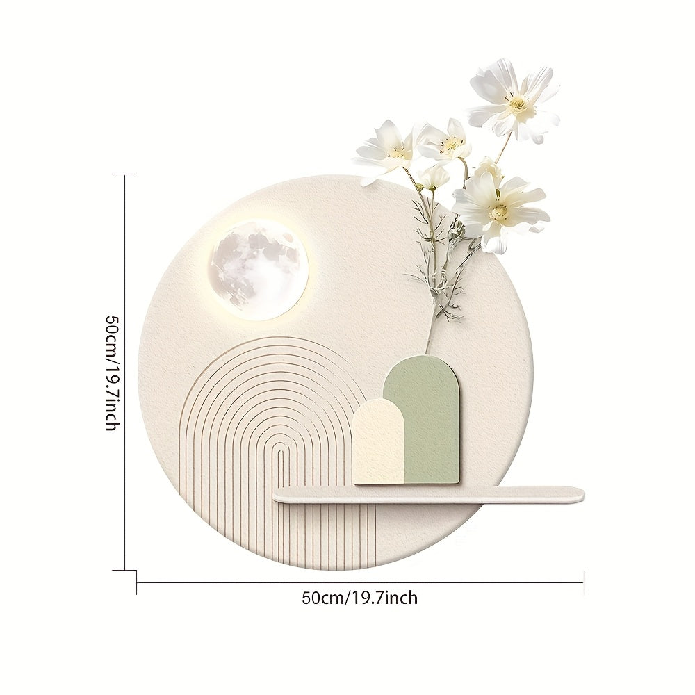 3D Entrance Sandstone Decorative Painting, 19.7x19.7 Inche Large Luxurious Wall Art, Nordic Minimalist Home Decor with Storage Rack, Creative Modern Round Wall Sculptures, with Artificial Plants for Living Room, Badroom