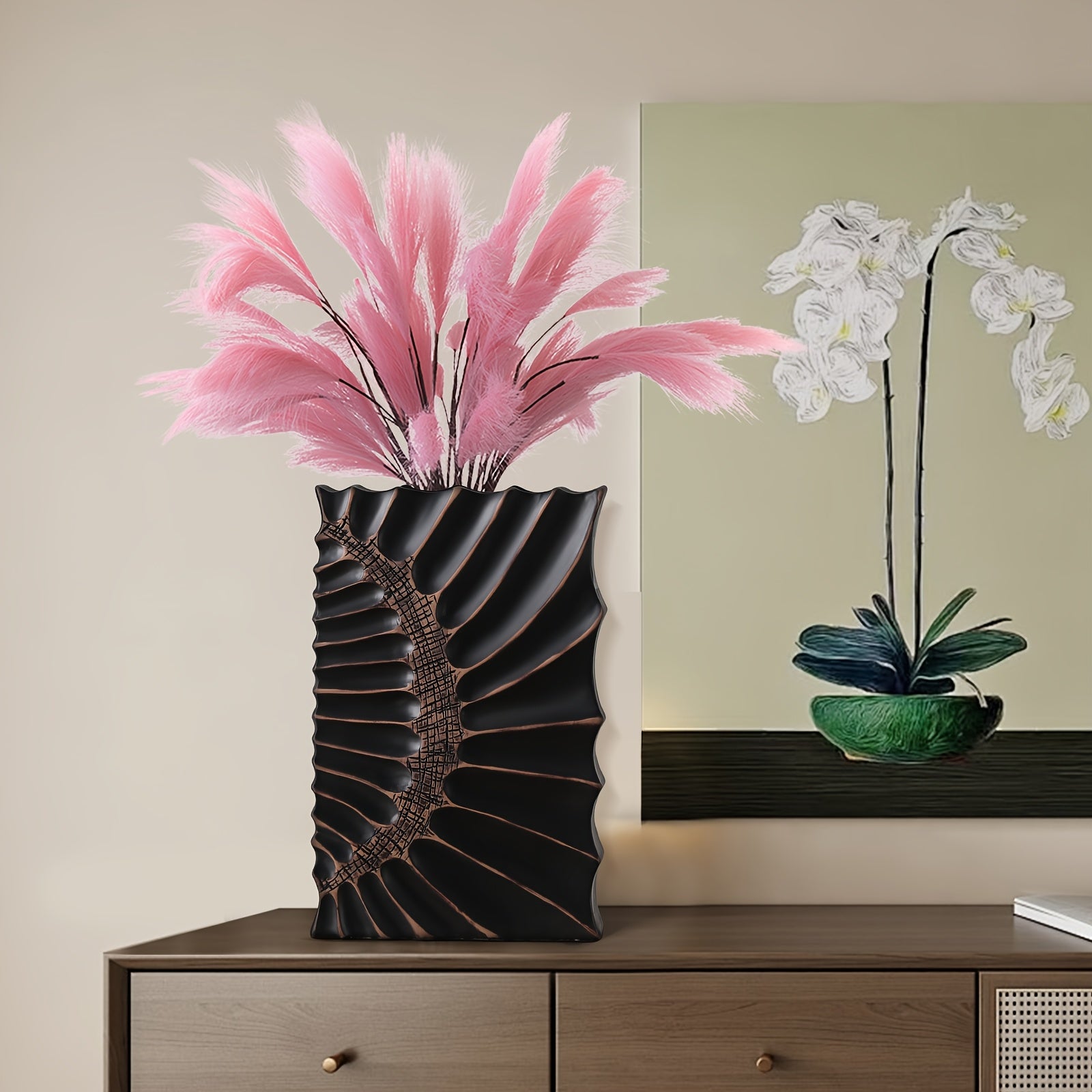 Elegant 12-Inch Black Resin Vase with Geometric Design - Modern Home Decor Tall Vase for Stylish Centerpieces in Kitchen, Bedroom, Office, Living Room, Bathroom & More, Vases Home Decor