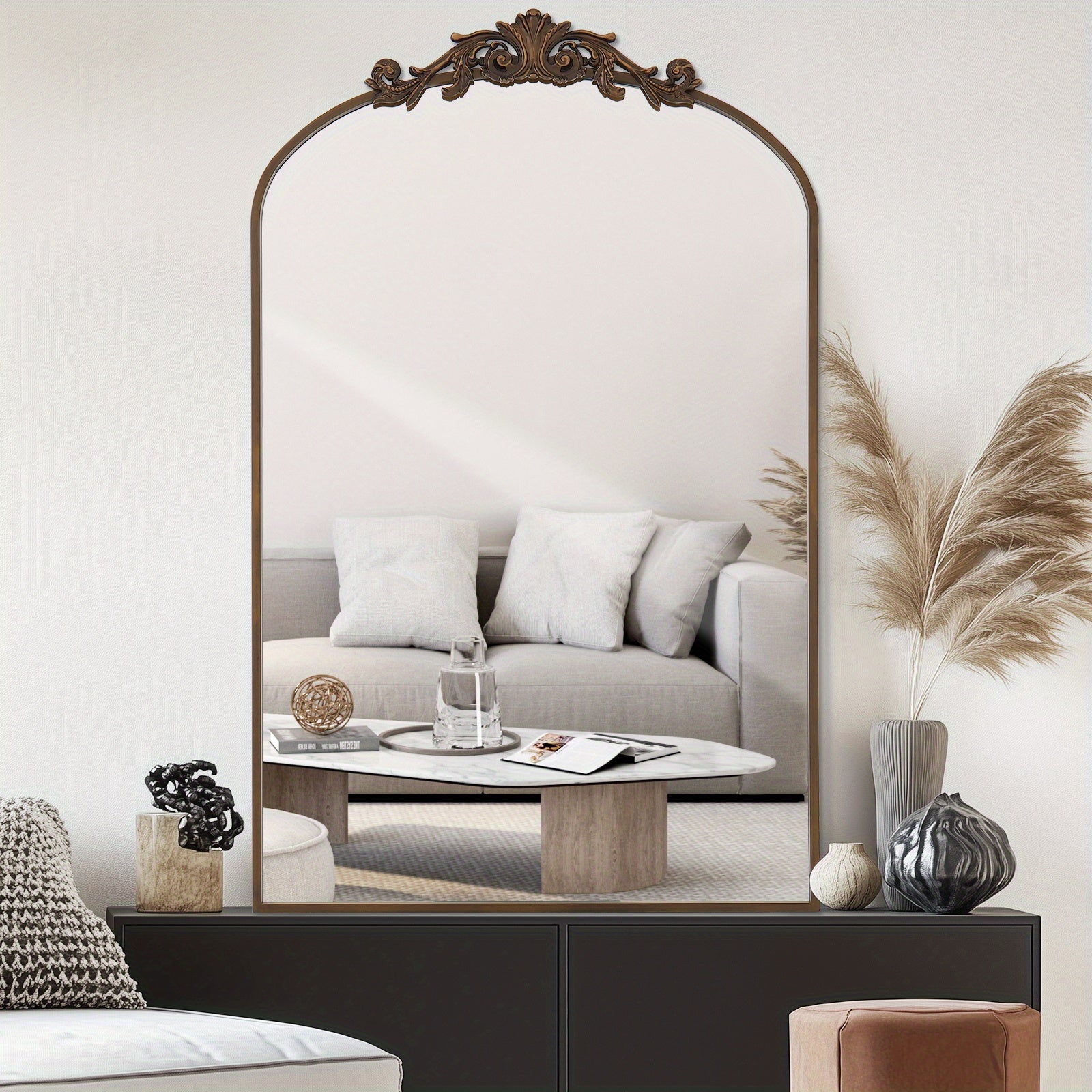 Vintage Golden Arched Mirror - Baroque Carved Metal Frame with Filigree Detailing, 46x22 Inch Wall Mirror for Bathroom Living Room Fireplace Mantel, Hanging or Leaning Retro Vanity Mirror