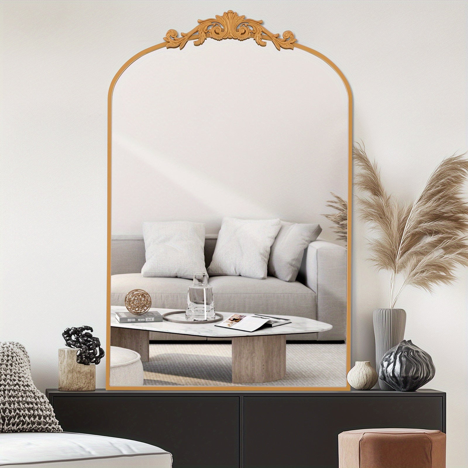 Vintage Golden Arched Mirror - Baroque Carved Metal Frame with Filigree Detailing, 46x22 Inch Wall Mirror for Bathroom Living Room Fireplace Mantel, Hanging or Leaning Retro Vanity Mirror