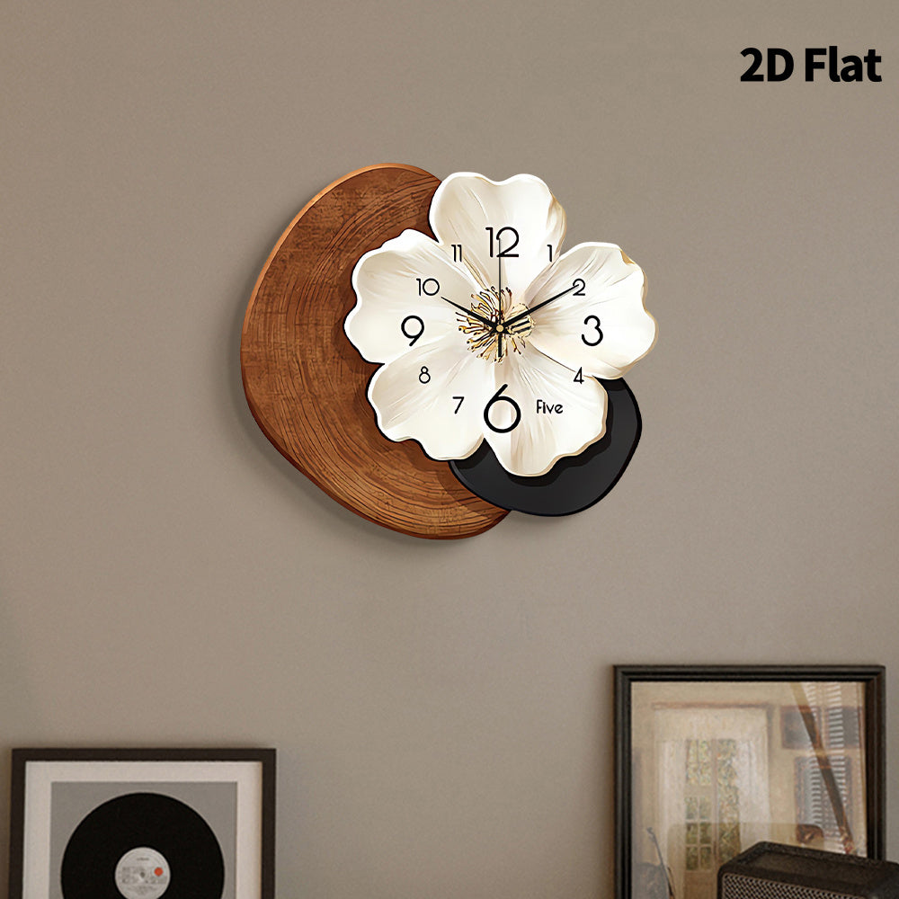 A Contemporary Floral Wall Clock Featuring a Large White Face And Black Hands - Operates Silently with Quartz Movement, Has a Unique Flower-Shaped Design, And Comes in a Beige And Brown Faux Wood Frame, Perfect for Decorating Your Living Room